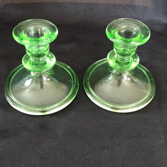 Vintage Green Depression Glass Candlestick Holders
